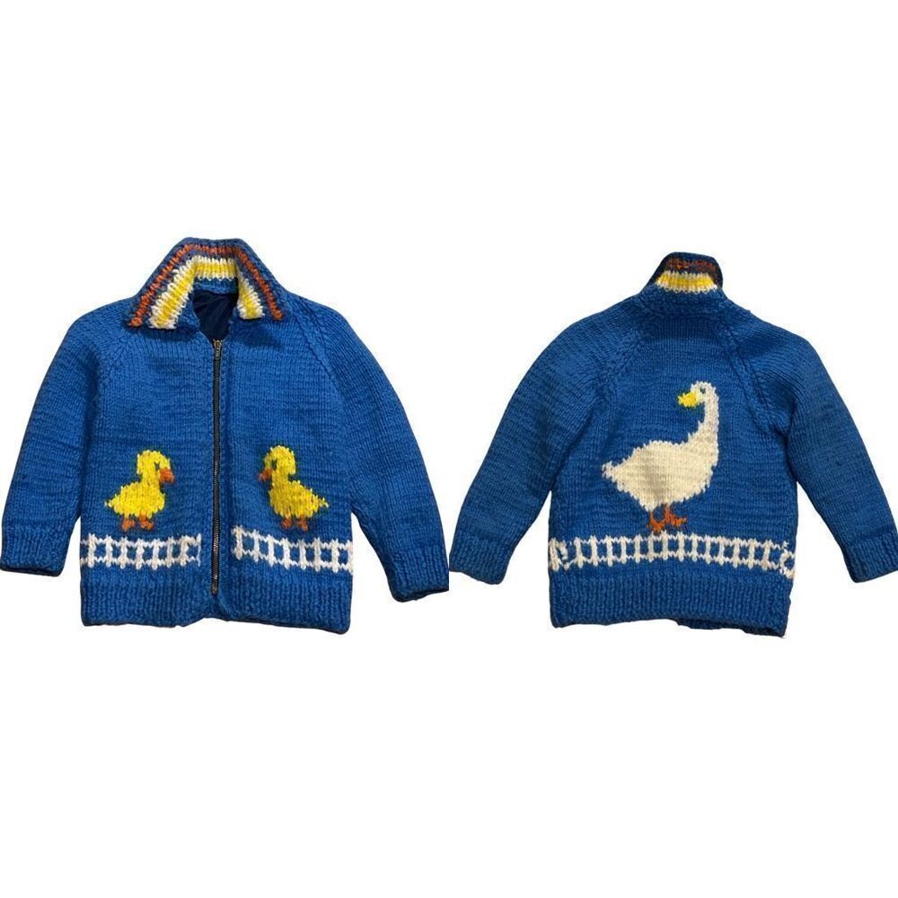 Vintage Hand Knit Cowichan Style Duck Goose Wool Sweater Toddler Blue Zip
